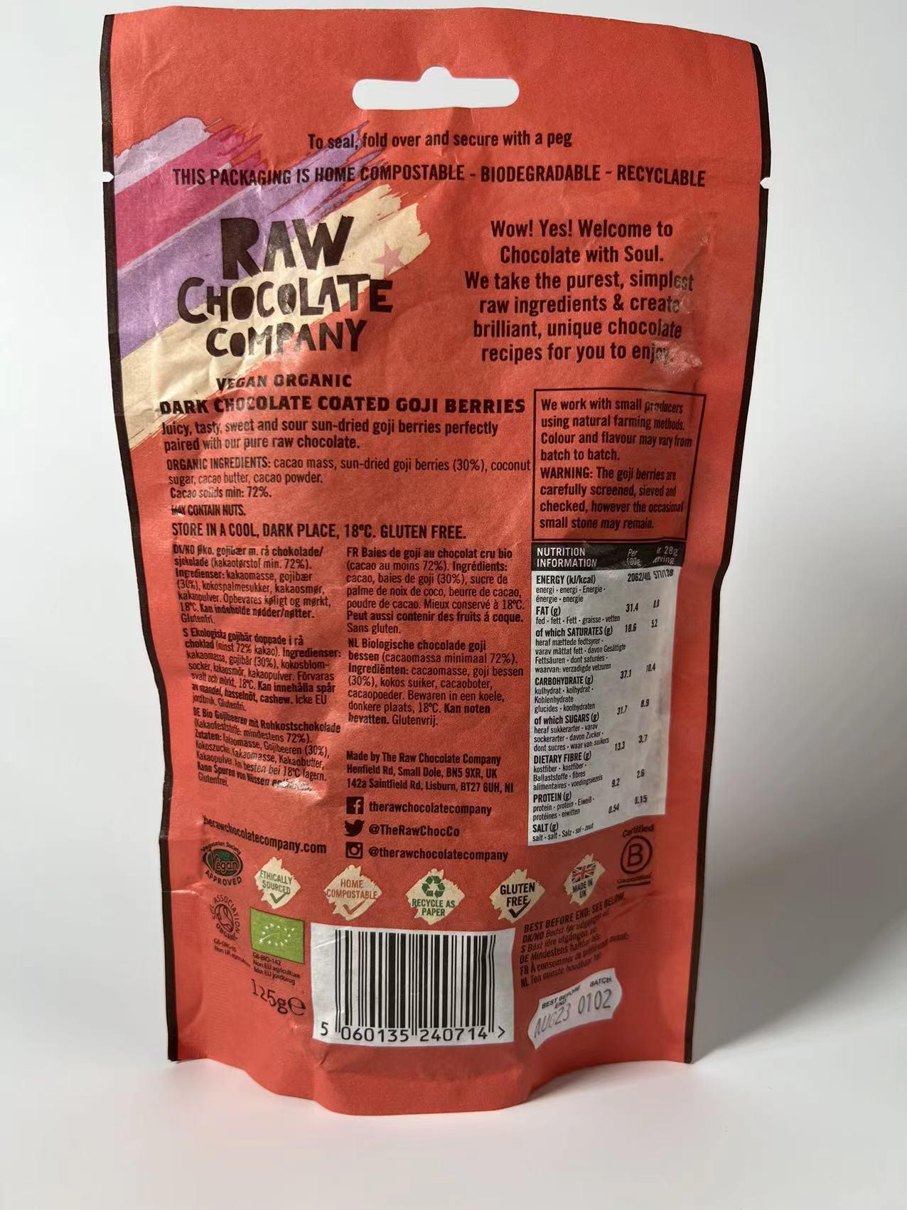 Raw Chocolate Company Organic Chocolate Goji Berries 125g Vegan Natural Organic Gluten Free