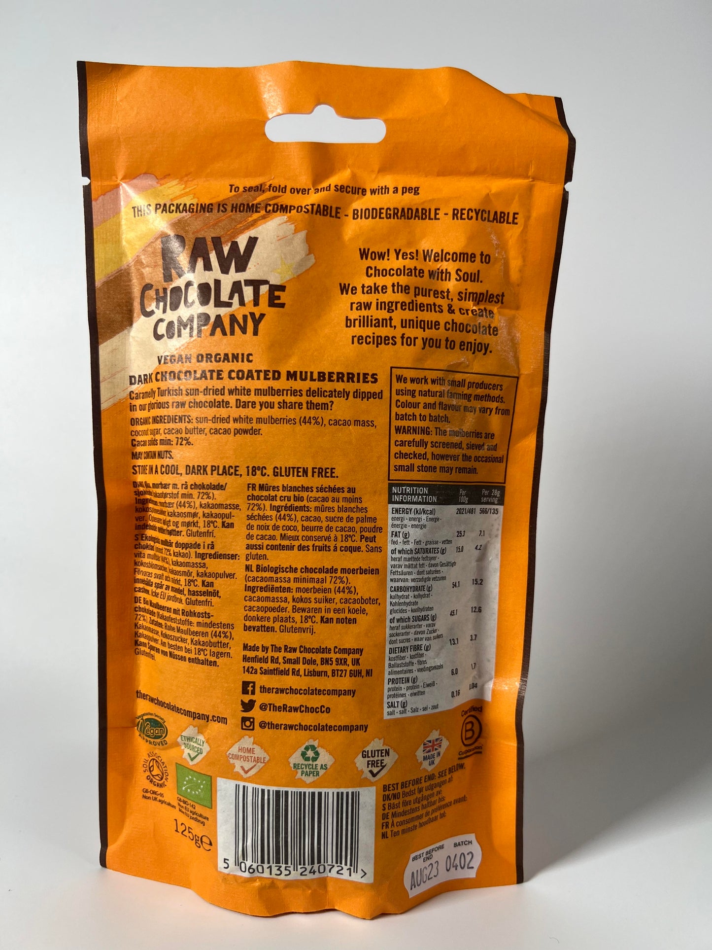 Raw Chocolate Company Organic Chocolate Chocolate Mulberries 125g Vegan Natural Organic Gluten Free