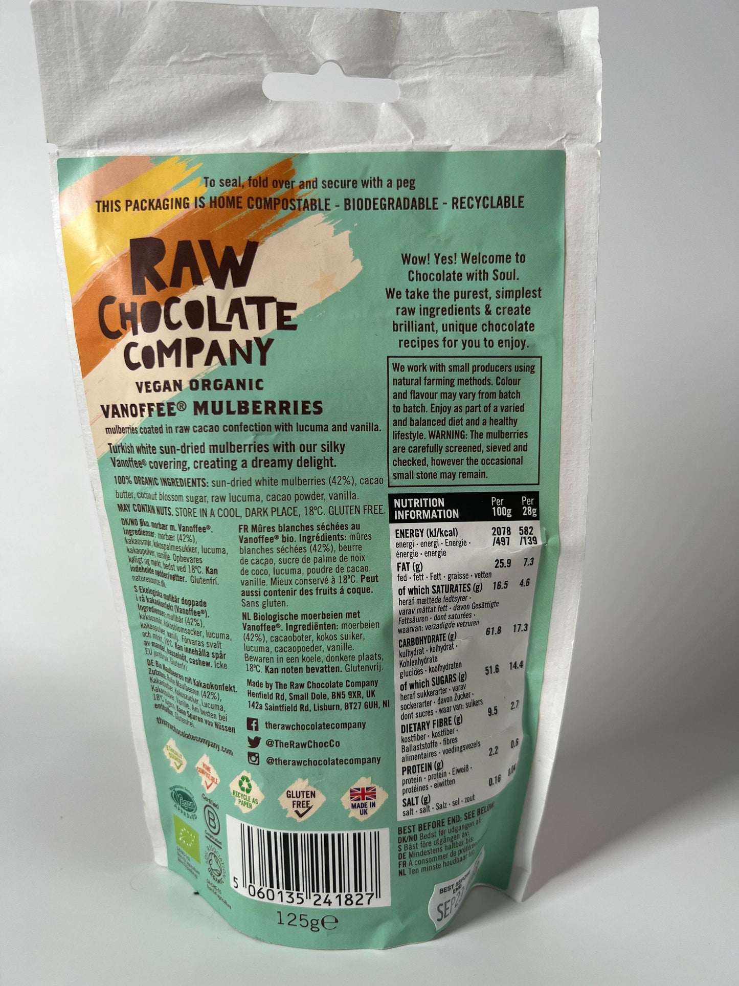 Raw Chocolate Company Organic Chocolate Vanoffee Mulberries Chocolate 125g Vegan Natural Organic Gluten Free